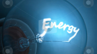 Close up on illuminated blue light bulb filament which spells the word "Energy".
